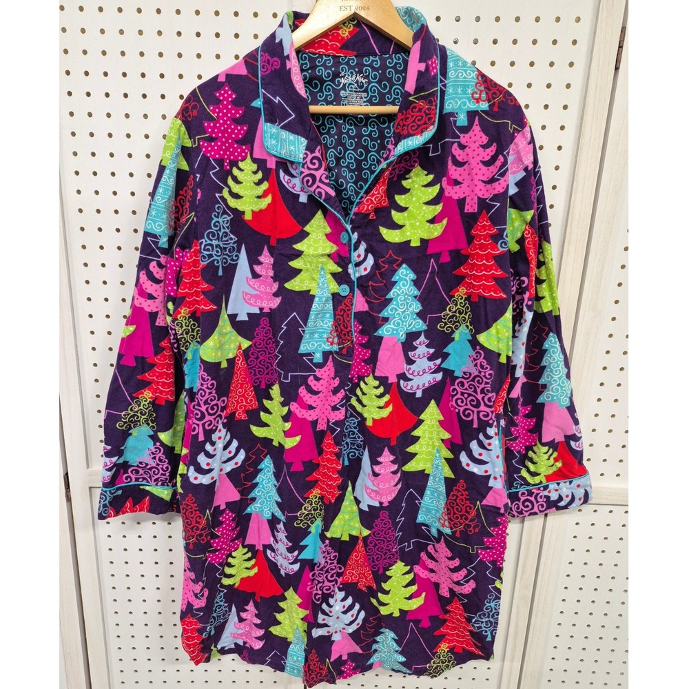 Nick & Nora Festive Christmas Tree Flannel Nightshirt Purple Cotton Size XXL